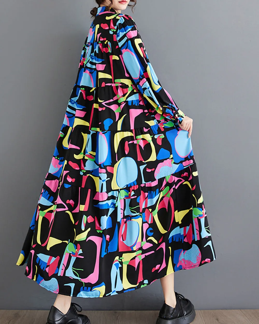 ellazhu Women's Long Sleeves Maxi Length Patchwork Pattern Print Flowy Hem Dress GZ160
