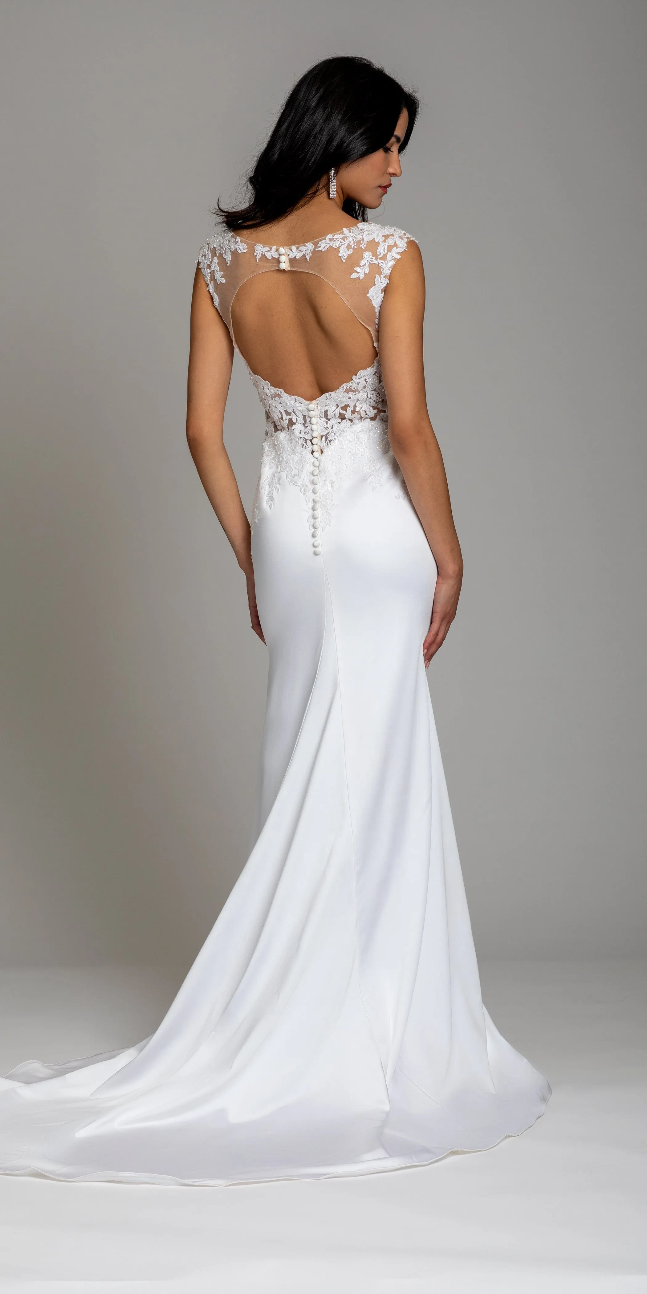 Embellished Illusion Keyhole Cap Sleeve Satin Trumpet Dress