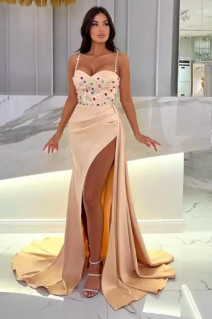 Floor-Length Champagne Sweetheart Stain Beadings Spaghetti Straps Prom Dresses with Split
