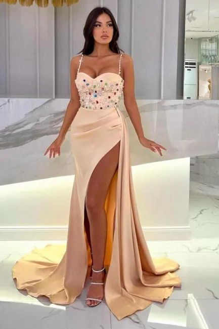 Floor-Length Champagne Sweetheart Stain Beadings Spaghetti Straps Prom Dresses with Split