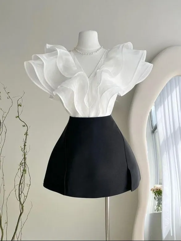 Flytonn- Dramatic Sheer Ruffle V-Neck Mini Dress
