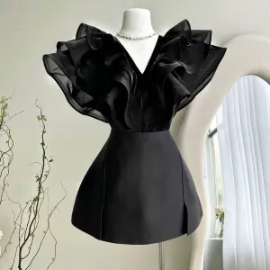 Flytonn- Dramatic Sheer Ruffle V-Neck Mini Dress