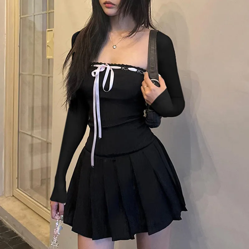 Flytonn-hoco dresses homecoming dresses  women dress to impress  y2k outfits spring summer women's dress Mesh Splice Bow Decor Trumpet Sleeve Mini Dress