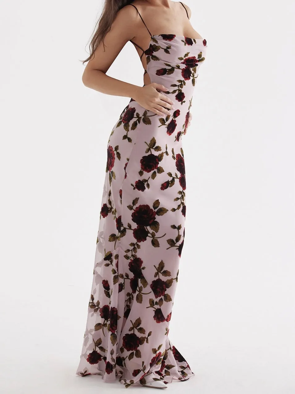 Flytonn- Serena Pink Devore Maxi Dress