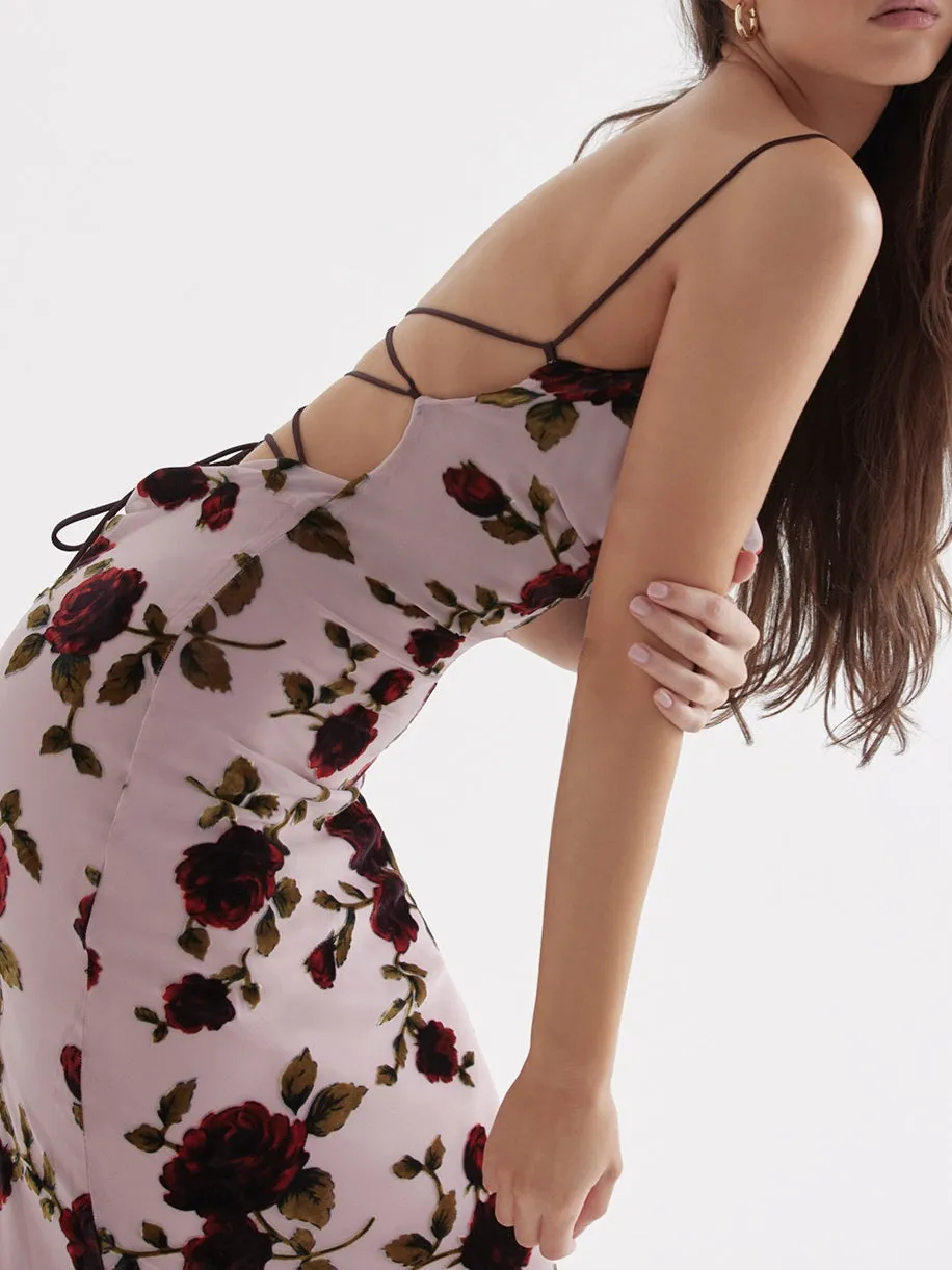 Flytonn- Serena Pink Devore Maxi Dress