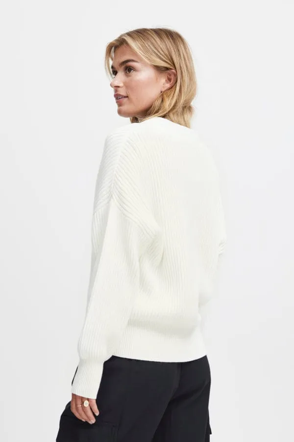 Fransa Boxy Ribbed Cardigan Soft White