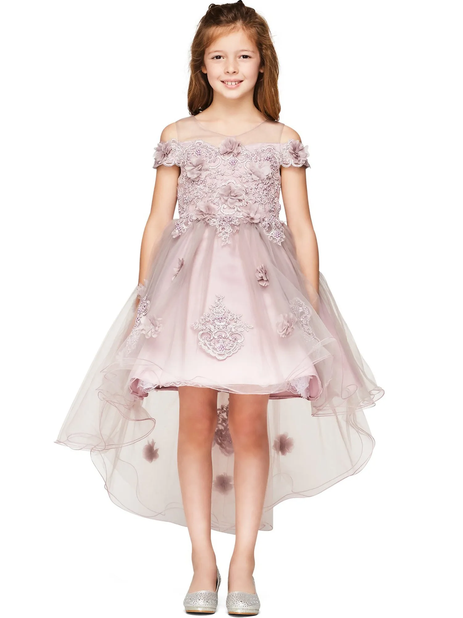 Girls Multi Color Lala & Erina Lace Applique Hi-Low Flower Girl Dress 2-12