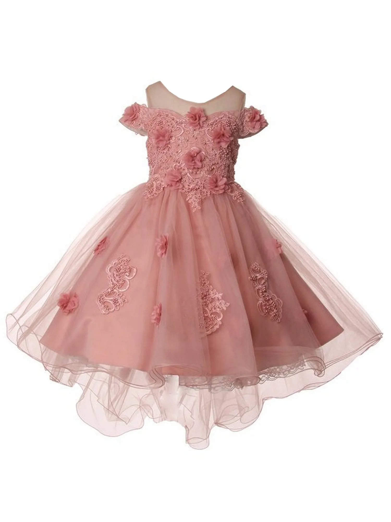 Girls Multi Color Lala & Erina Lace Applique Hi-Low Flower Girl Dress 2-12