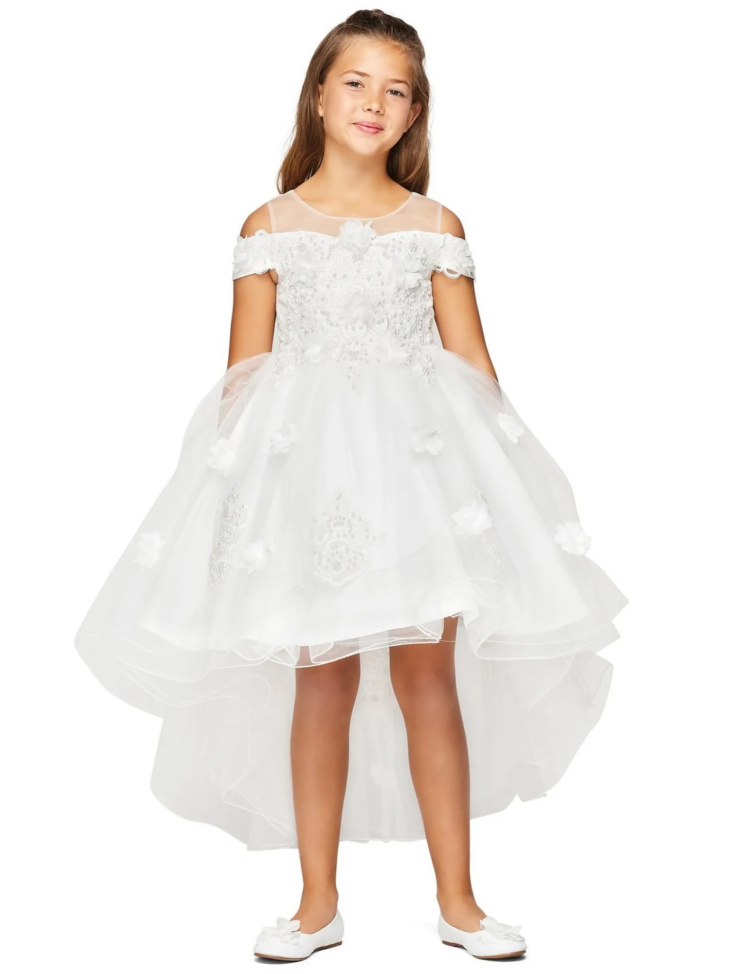 Girls Multi Color Lala & Erina Lace Applique Hi-Low Flower Girl Dress 2-12