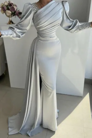 Glamorous Long Silver Mermaid Satin Pleated Long Sleeves Prom Dress with Side Slit
