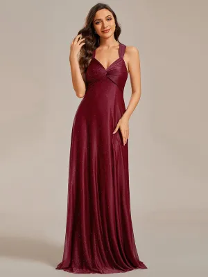 Glittery Pleated V-neck Adjustable Back Lace-Up Sleeveless Bridesmaid Dress