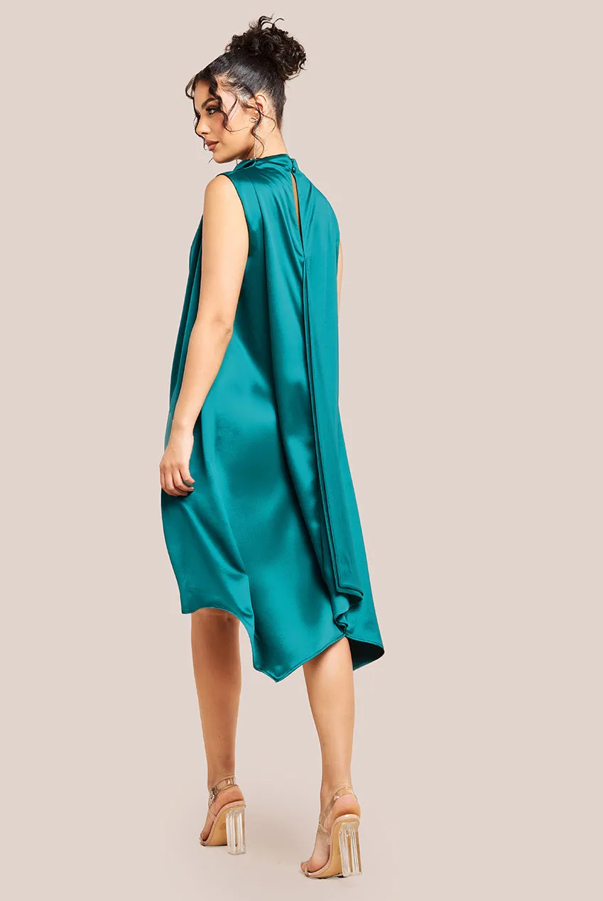 Goddiva Cowl Neck Back Wing Satin High Low Midi Dress - Emerald Green