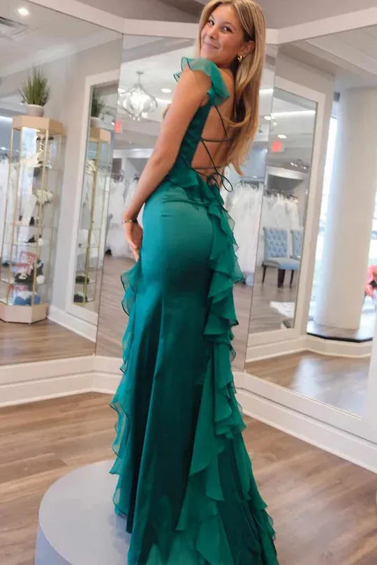 Green Mermaid Straps Scoop Pleated High Slit Long Prom Formal Dress MD7742