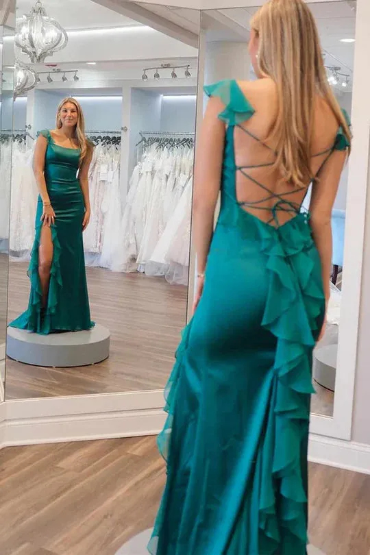 Green Mermaid Straps Scoop Pleated High Slit Long Prom Formal Dress MD7742
