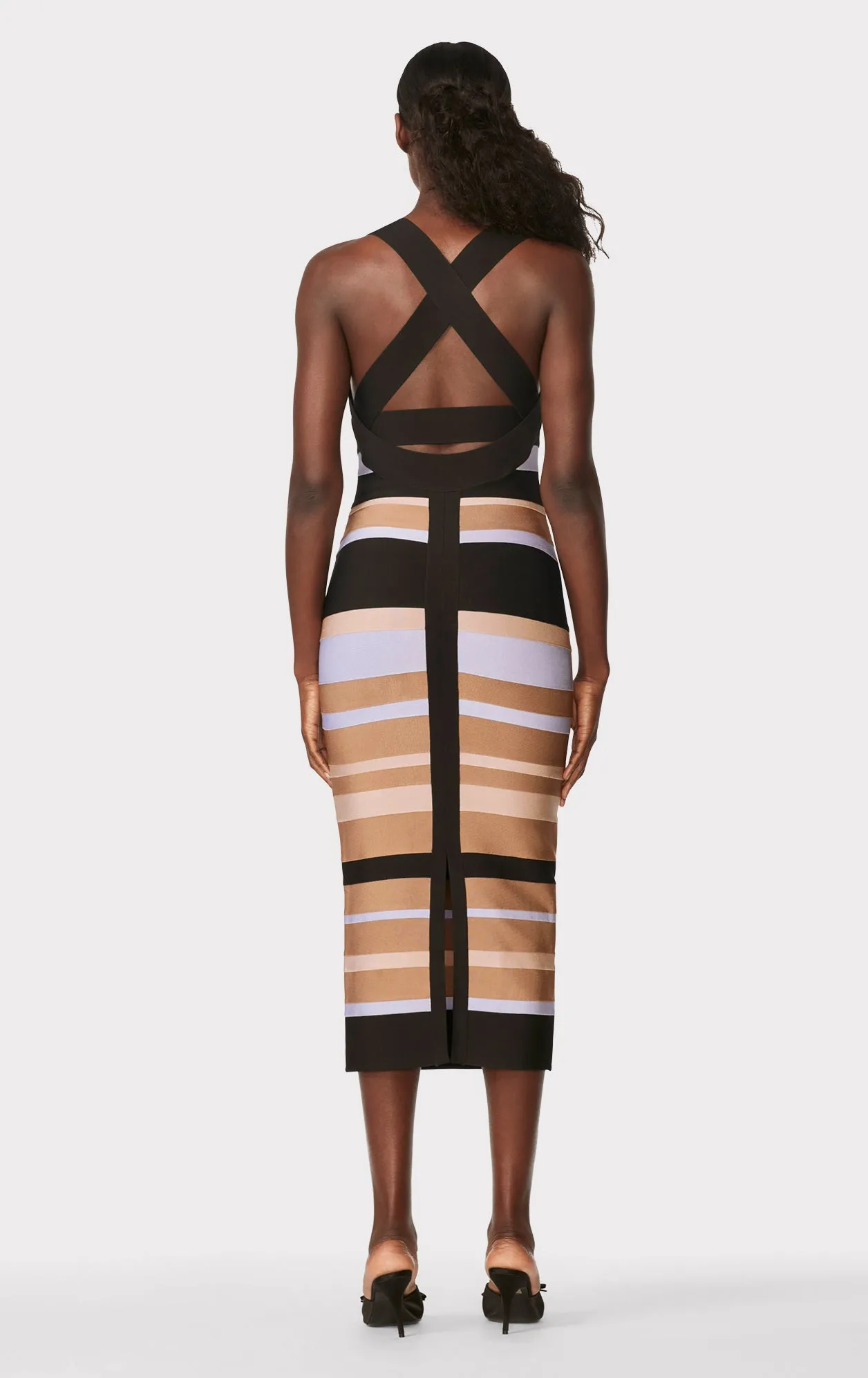 HERVÉ LÉGER X LAW ROACH STRIPED BANDAGE MIDI DRESS