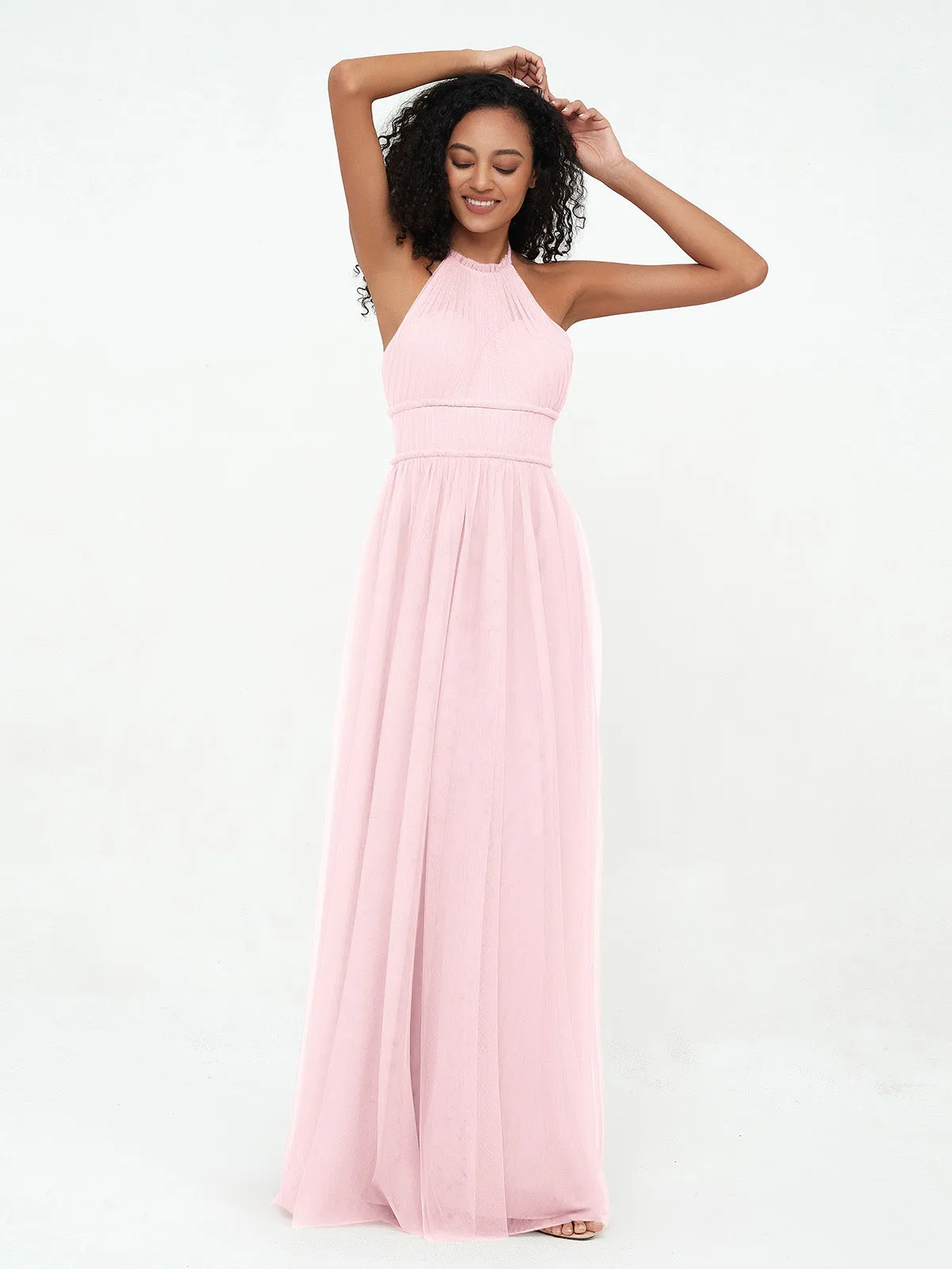 Illusion Halter Tulle Maxi Boho Dresses-Blushing Pink