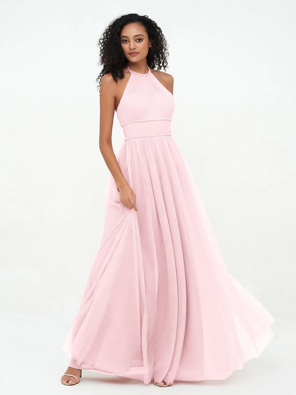 Illusion Halter Tulle Maxi Boho Dresses-Blushing Pink