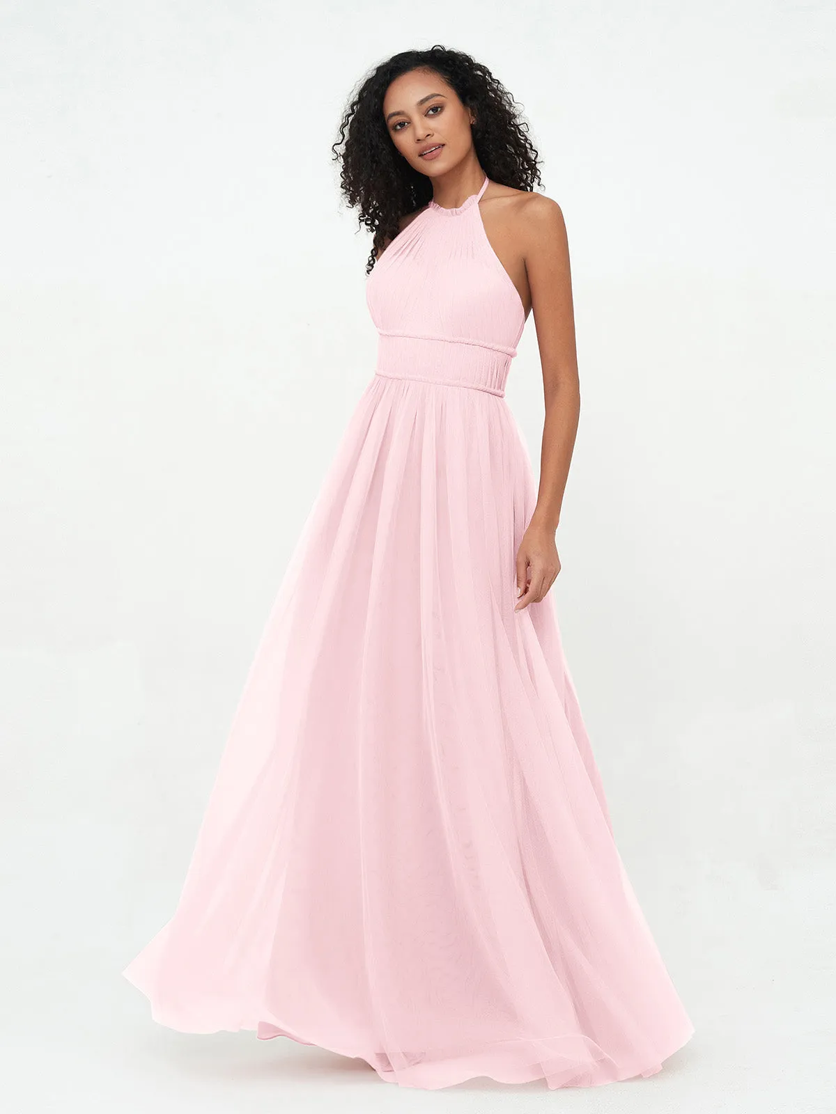Illusion Halter Tulle Maxi Boho Dresses-Blushing Pink