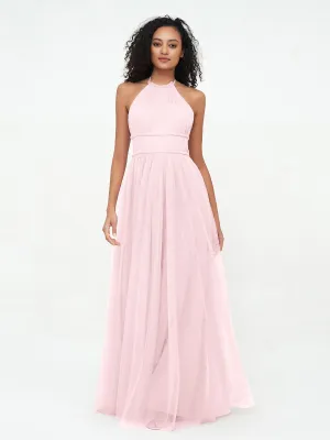 Illusion Halter Tulle Maxi Boho Dresses-Blushing Pink