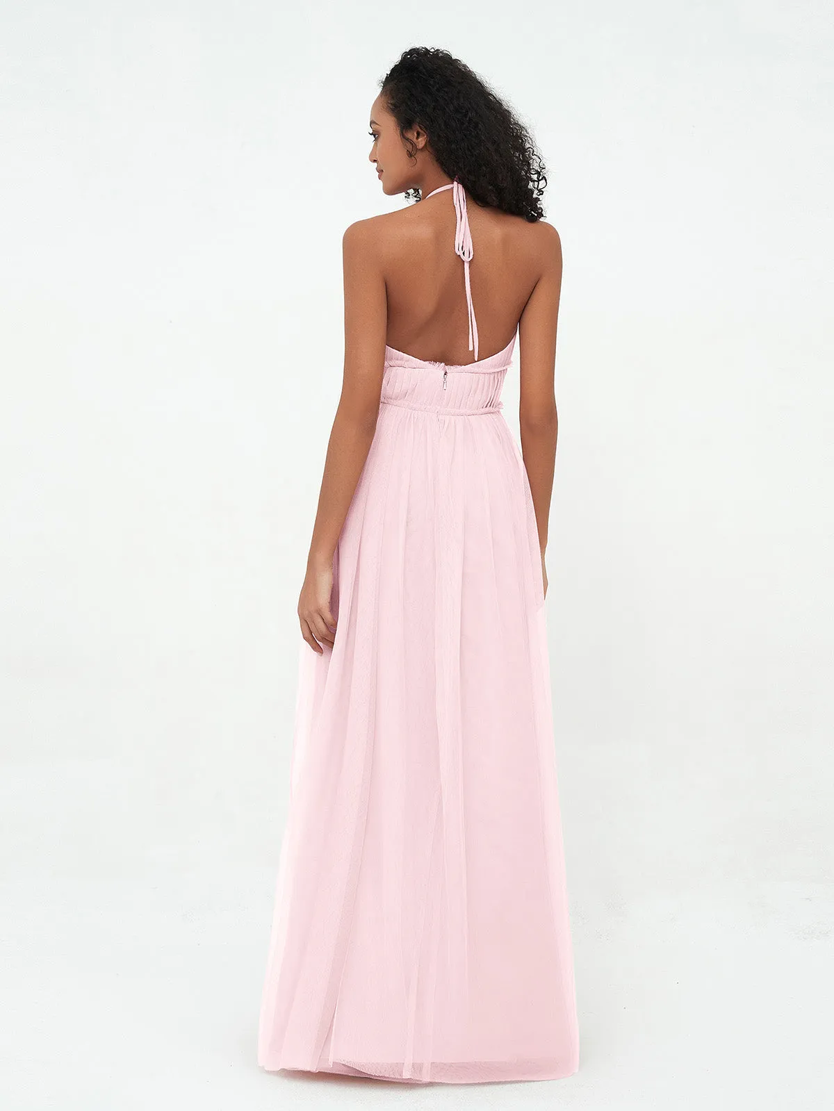 Illusion Halter Tulle Maxi Boho Dresses-Blushing Pink
