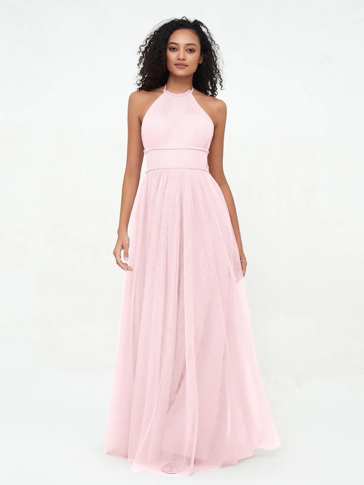 Illusion Halter Tulle Maxi Boho Dresses-Blushing Pink