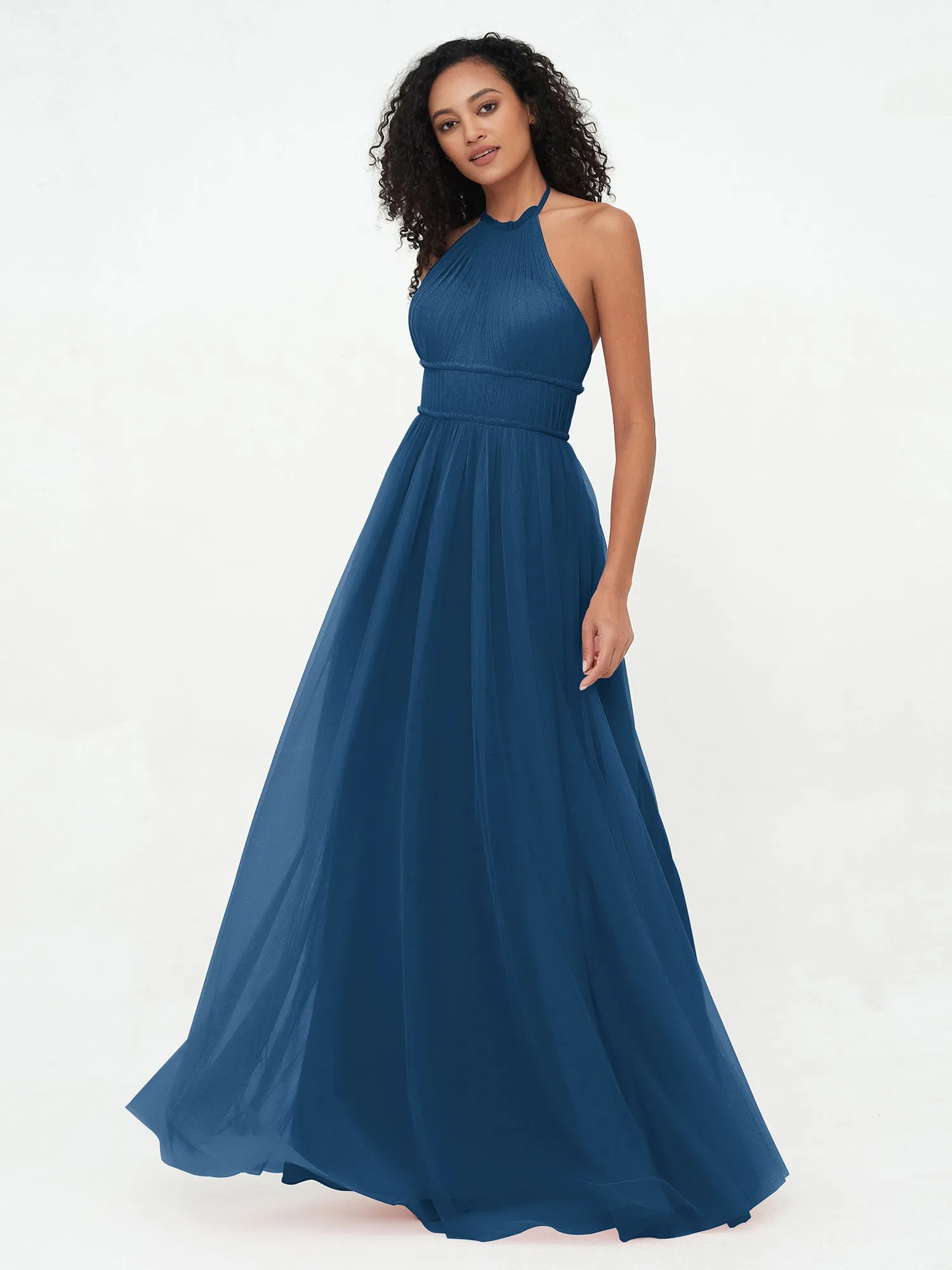 Illusion Halter Tulle Maxi Boho Dresses-Ink Blue