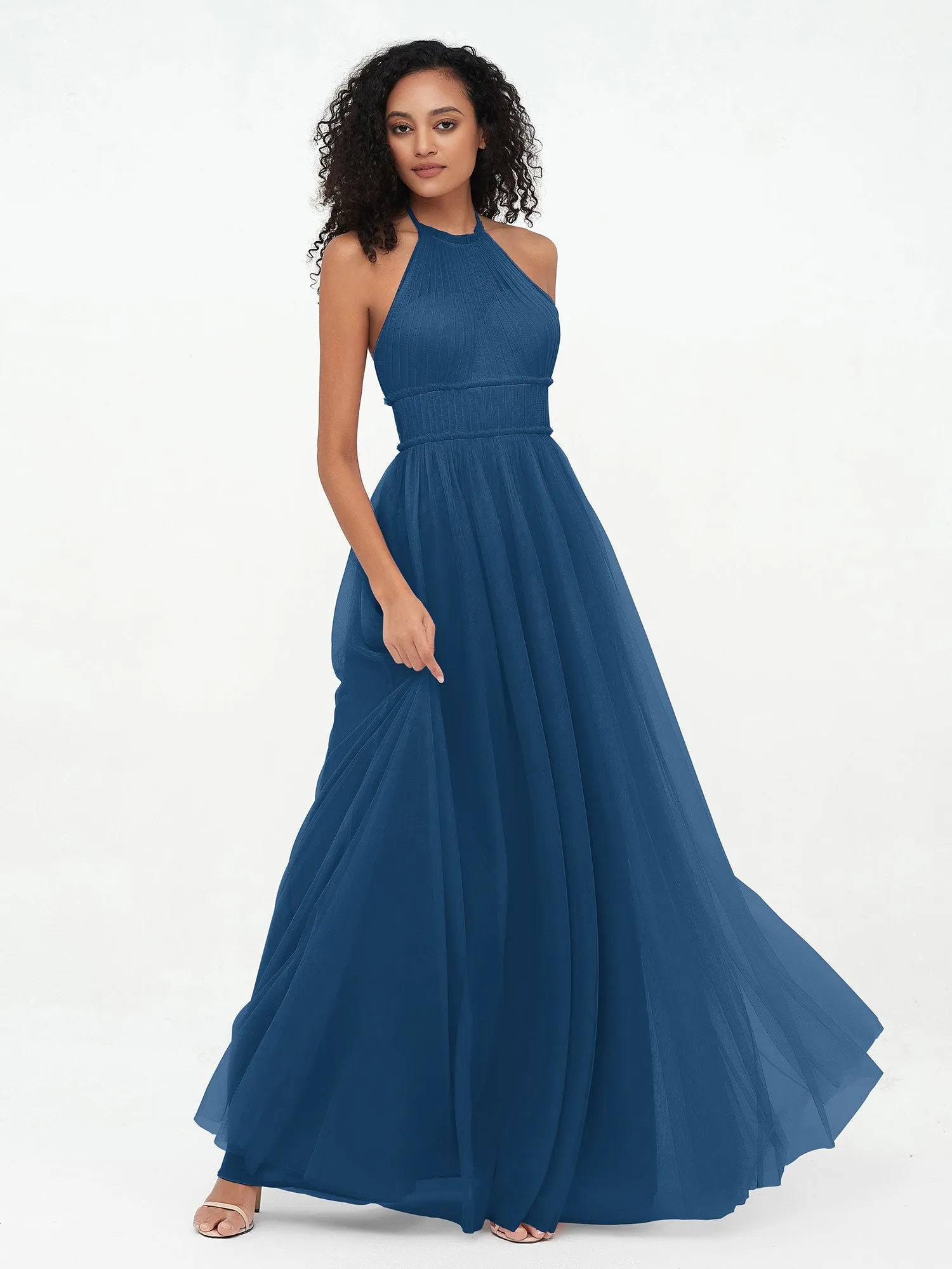 Illusion Halter Tulle Maxi Boho Dresses-Ink Blue