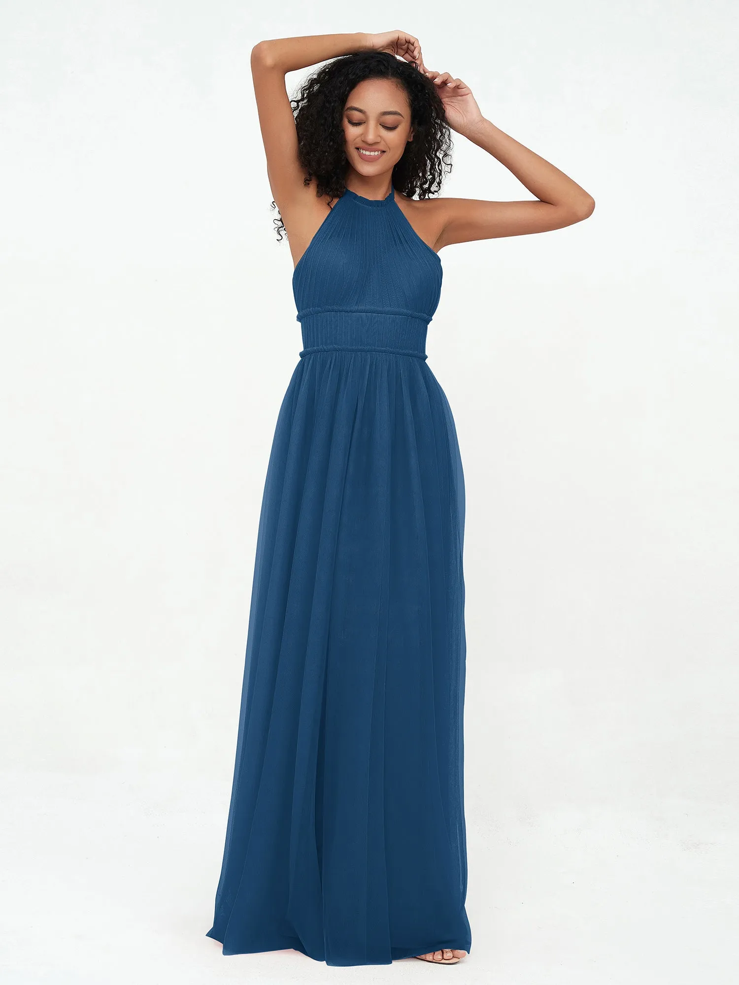 Illusion Halter Tulle Maxi Boho Dresses-Ink Blue