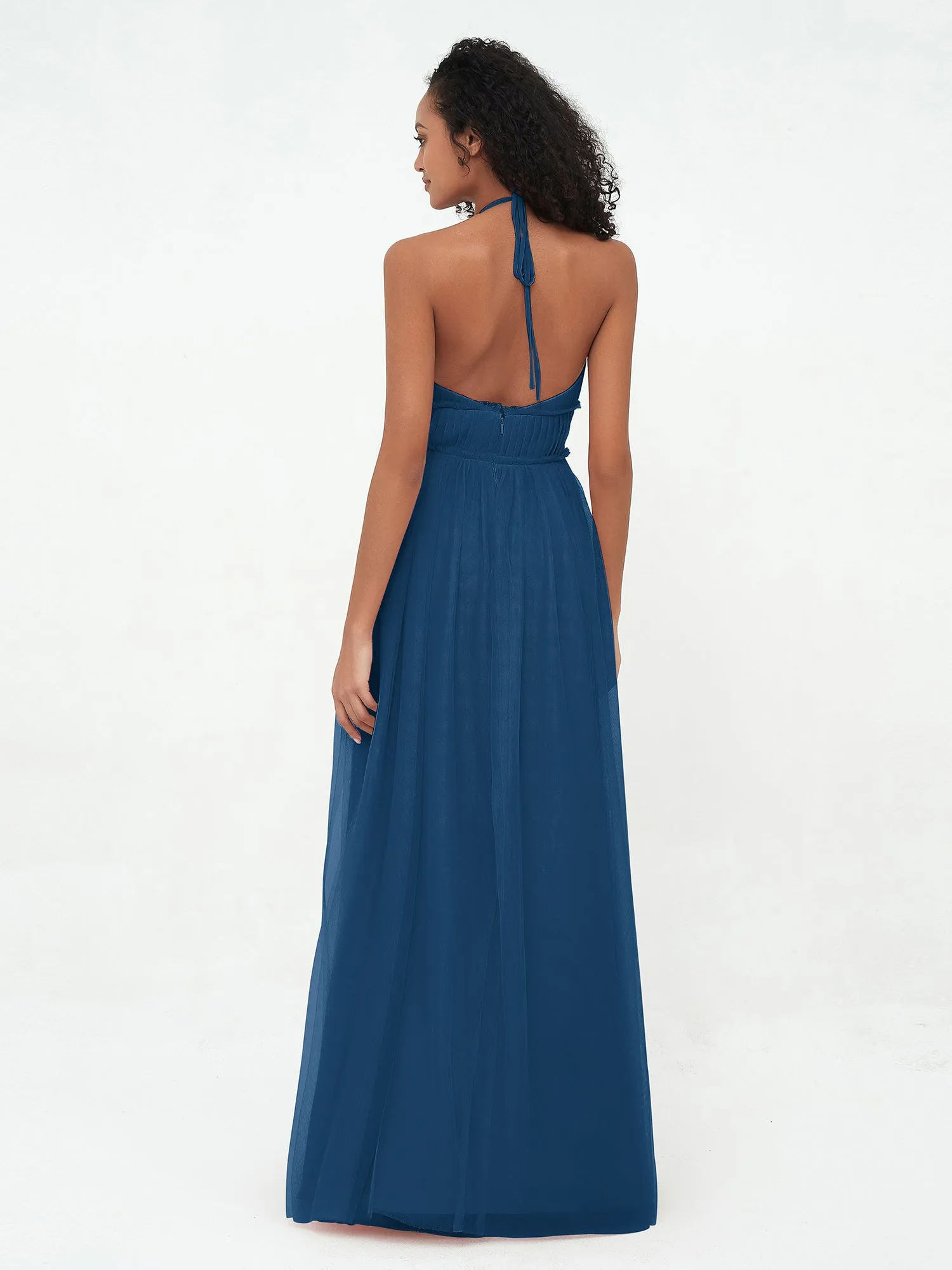 Illusion Halter Tulle Maxi Boho Dresses-Ink Blue