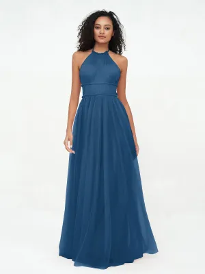 Illusion Halter Tulle Maxi Boho Dresses-Ink Blue