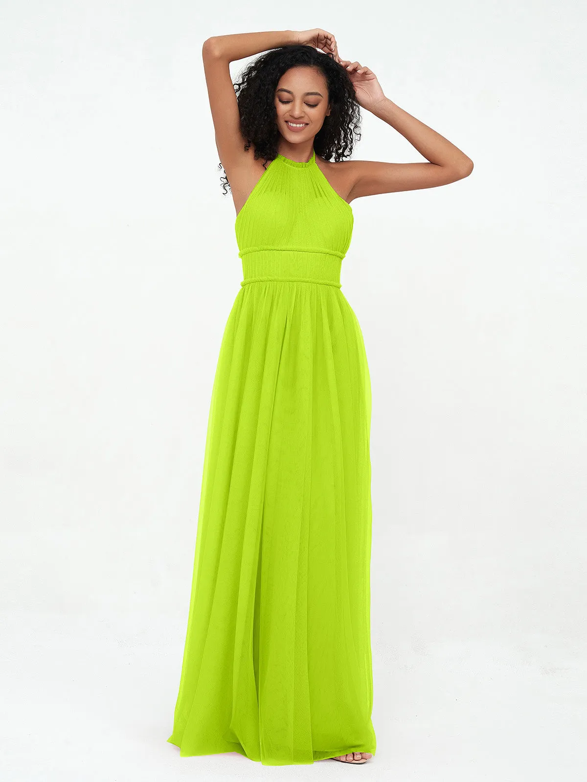 Illusion Halter Tulle Maxi Boho Dresses-Lime Green Plus Size