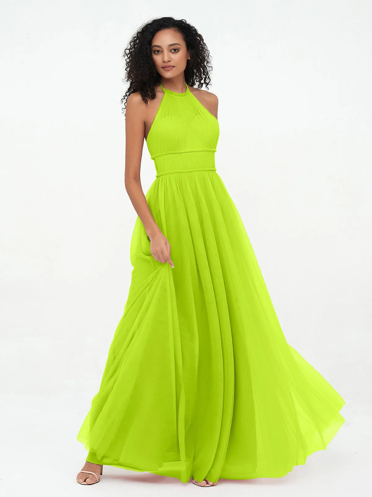Illusion Halter Tulle Maxi Boho Dresses-Lime Green Plus Size
