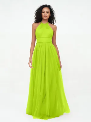 Illusion Halter Tulle Maxi Boho Dresses-Lime Green Plus Size