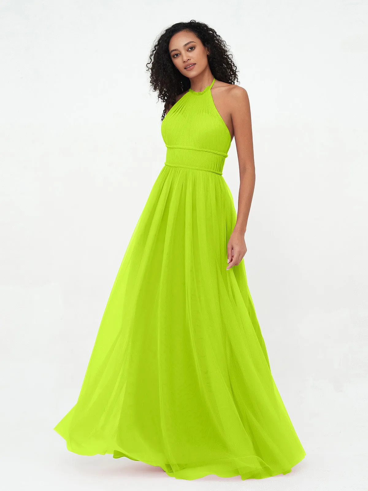 Illusion Halter Tulle Maxi Boho Dresses-Lime Green Plus Size