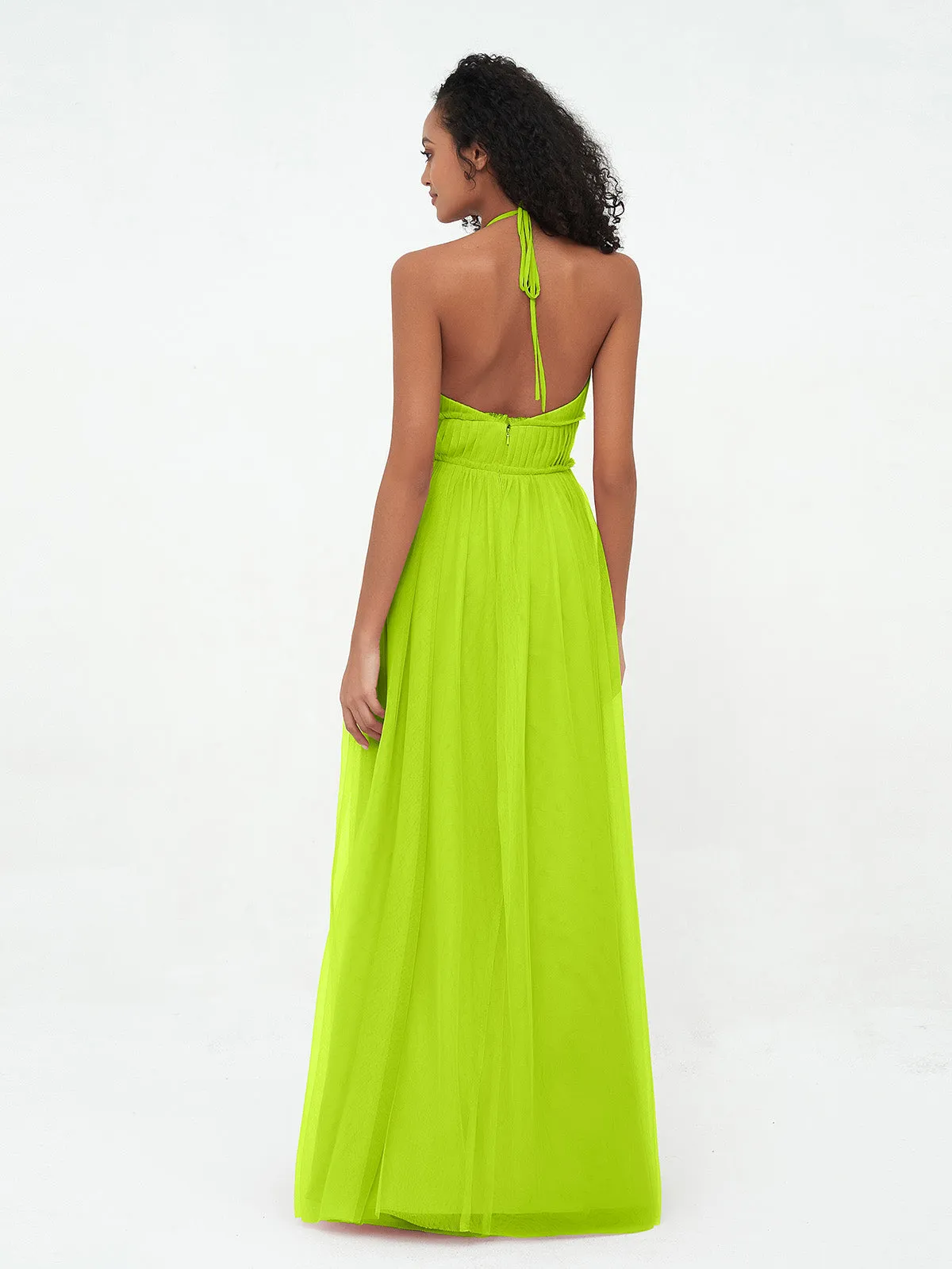 Illusion Halter Tulle Maxi Boho Dresses-Lime Green Plus Size