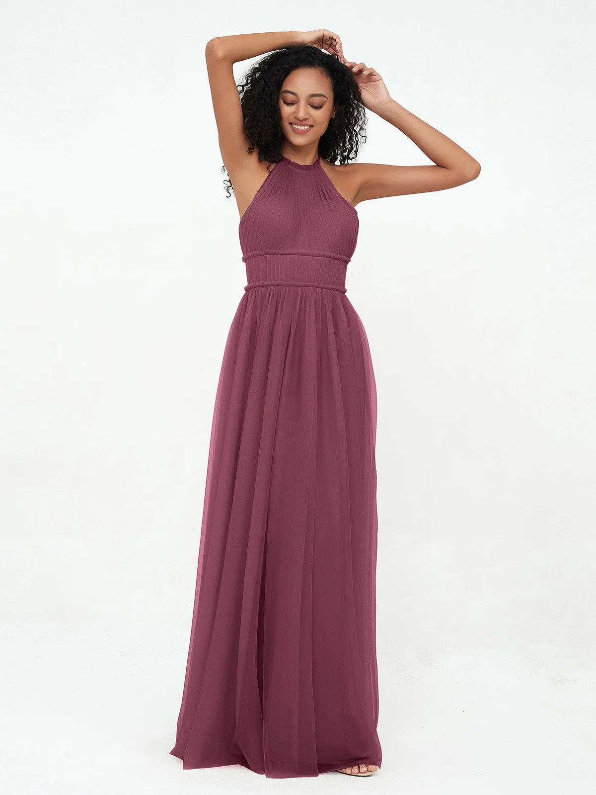Illusion Halter Tulle Maxi Boho Dresses-Mulberry