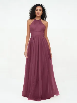 Illusion Halter Tulle Maxi Boho Dresses-Mulberry