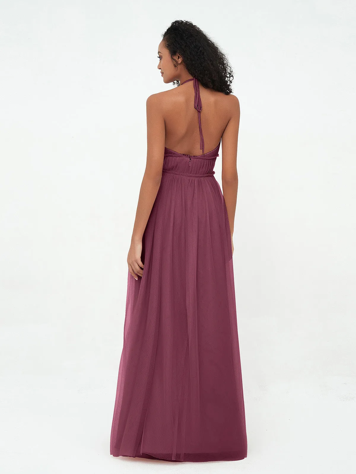 Illusion Halter Tulle Maxi Boho Dresses-Mulberry