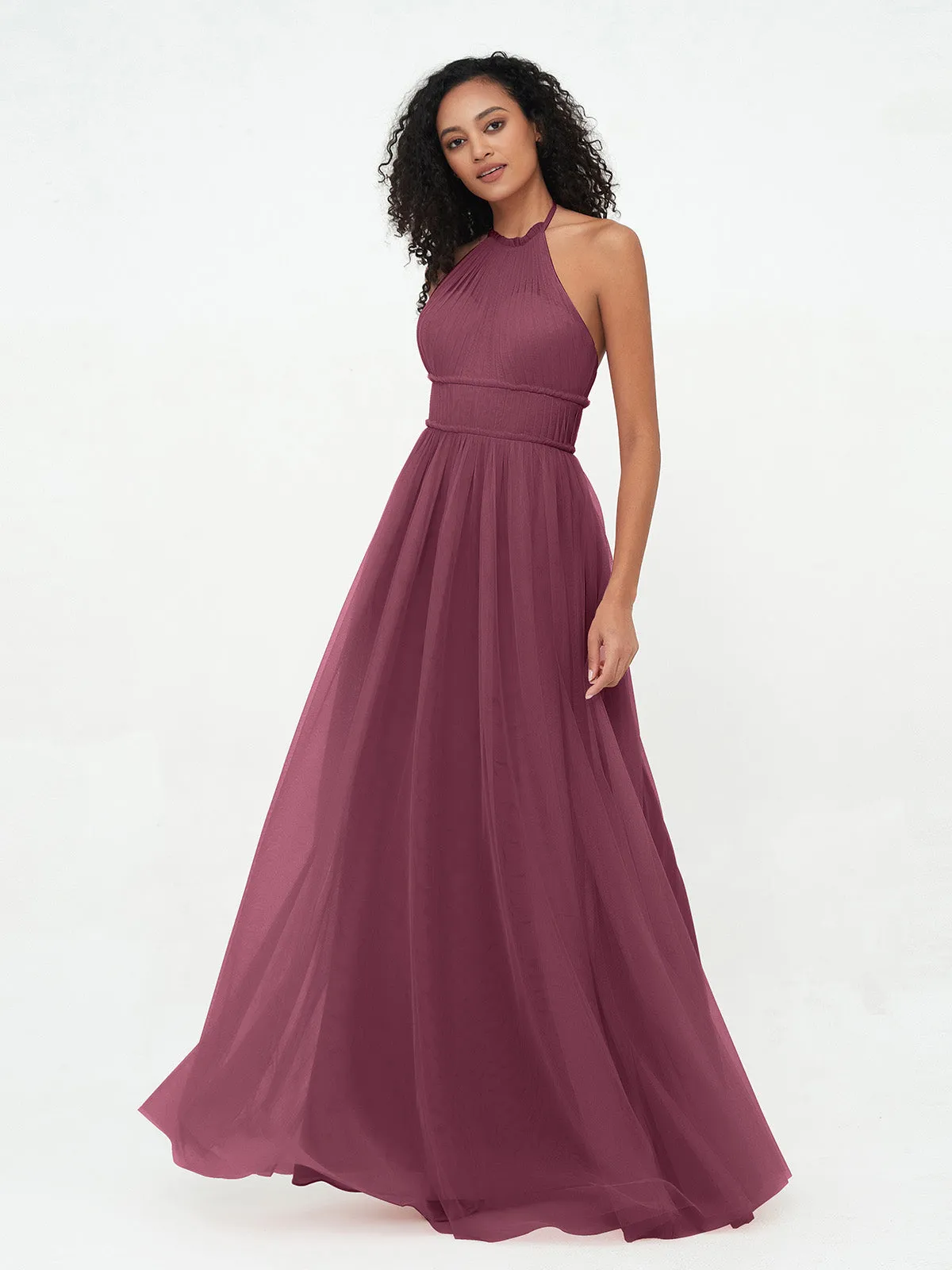 Illusion Halter Tulle Maxi Boho Dresses-Mulberry