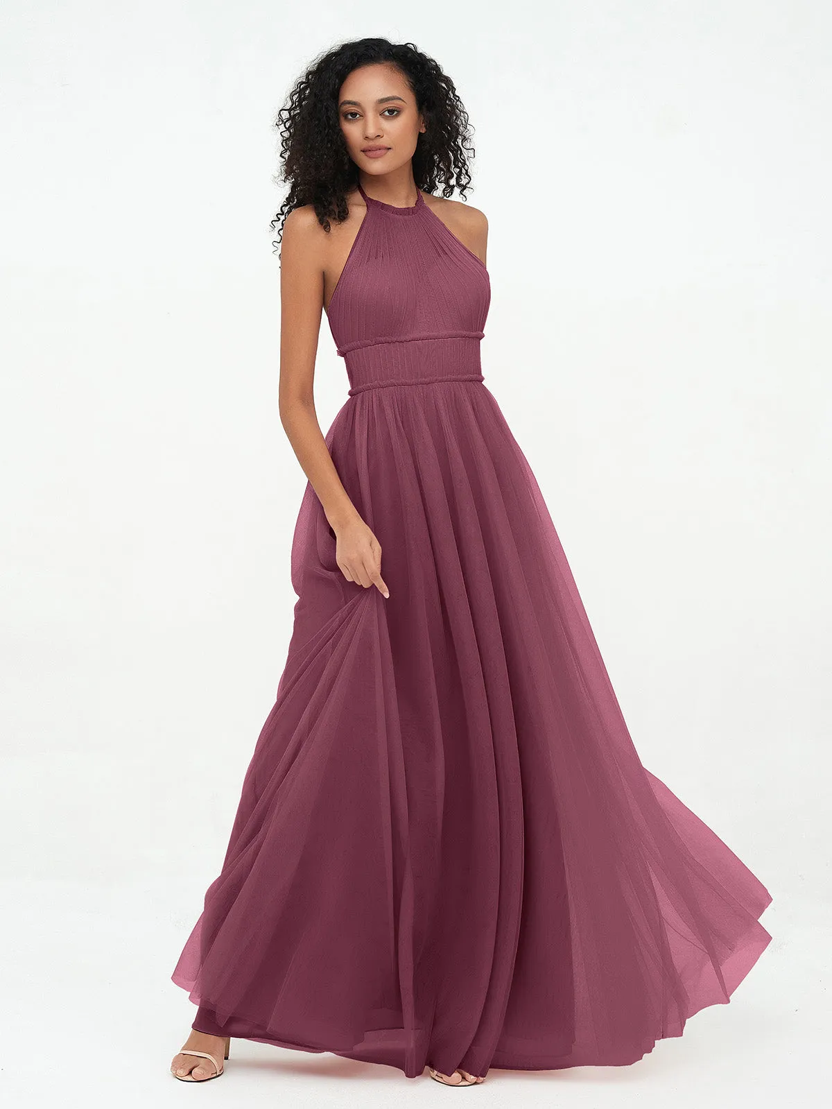 Illusion Halter Tulle Maxi Boho Dresses-Mulberry