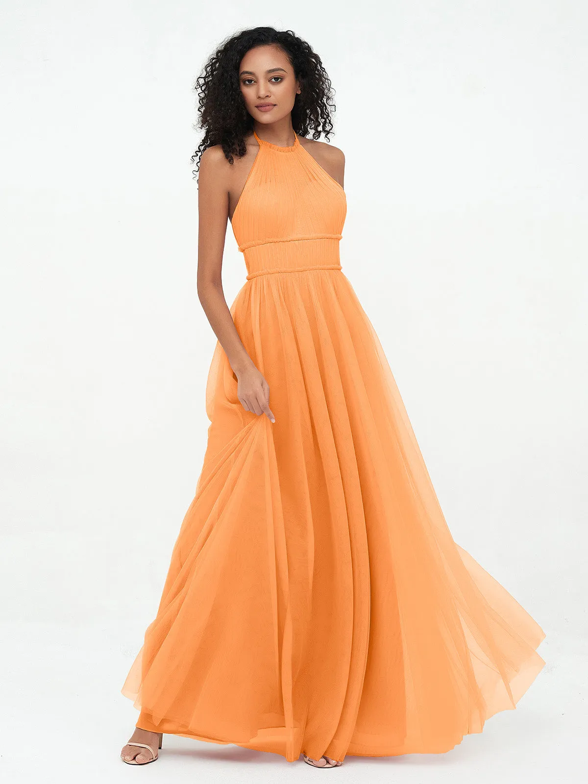 Illusion Halter Tulle Maxi Boho Dresses-Orange