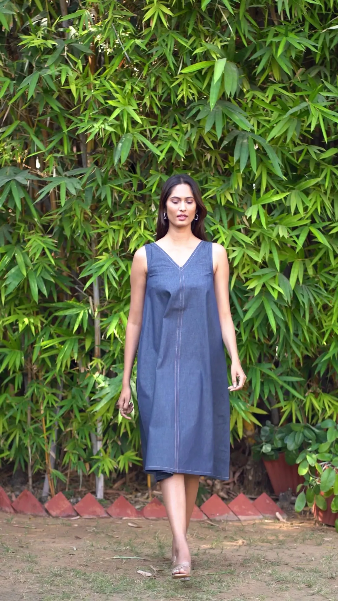 Indigo Cotton Denim Knee Length Flared Dress