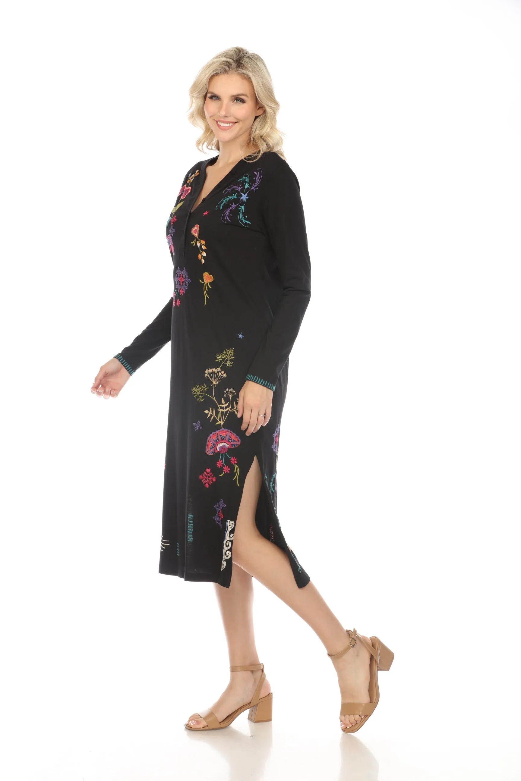 Johnny Was JWLA Embroidered V-Neck Long Sleeve Midi Dress J33624 Boho Chic *