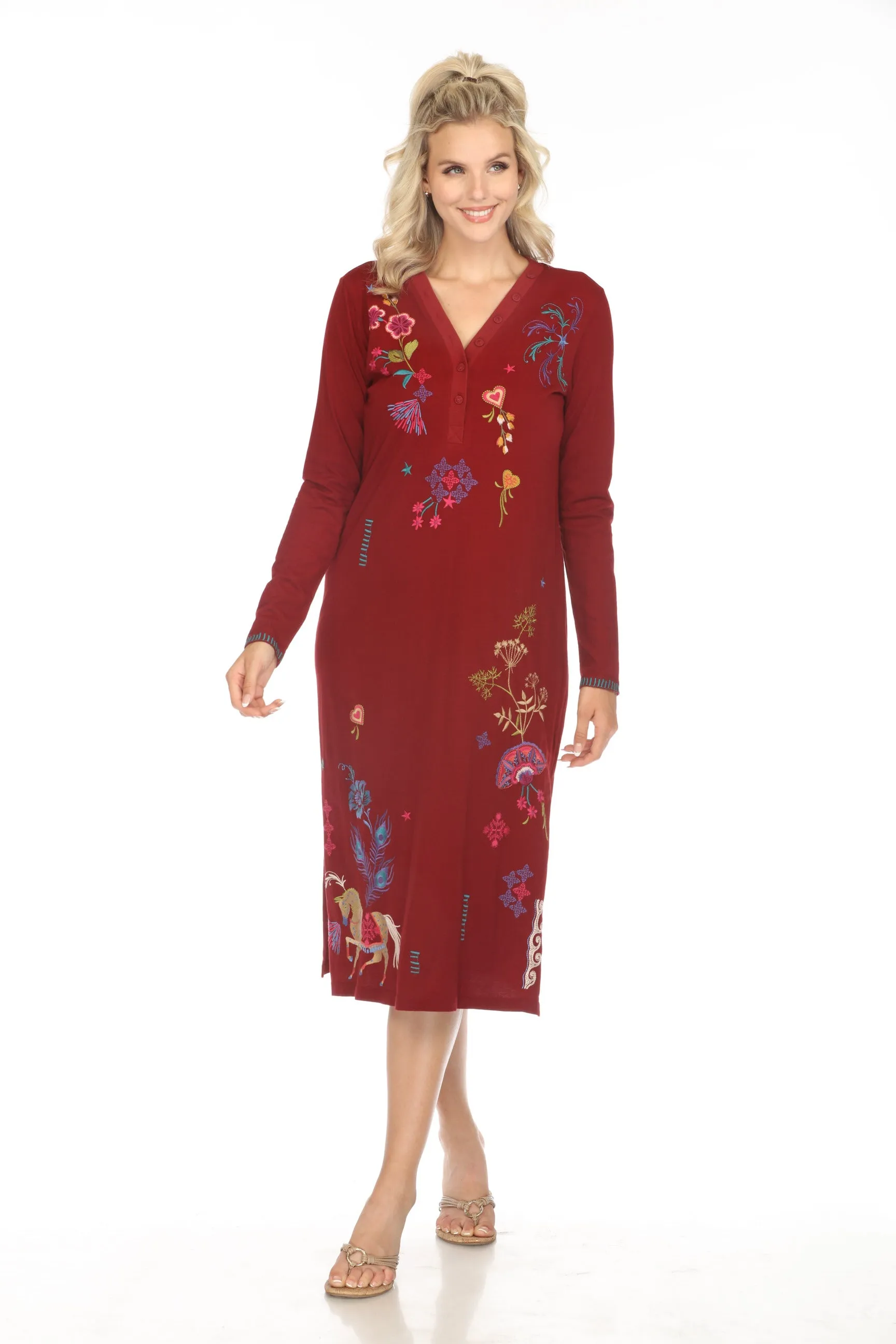 Johnny Was JWLA Embroidered V-Neck Long Sleeve Midi Dress J33624 Boho Chic *