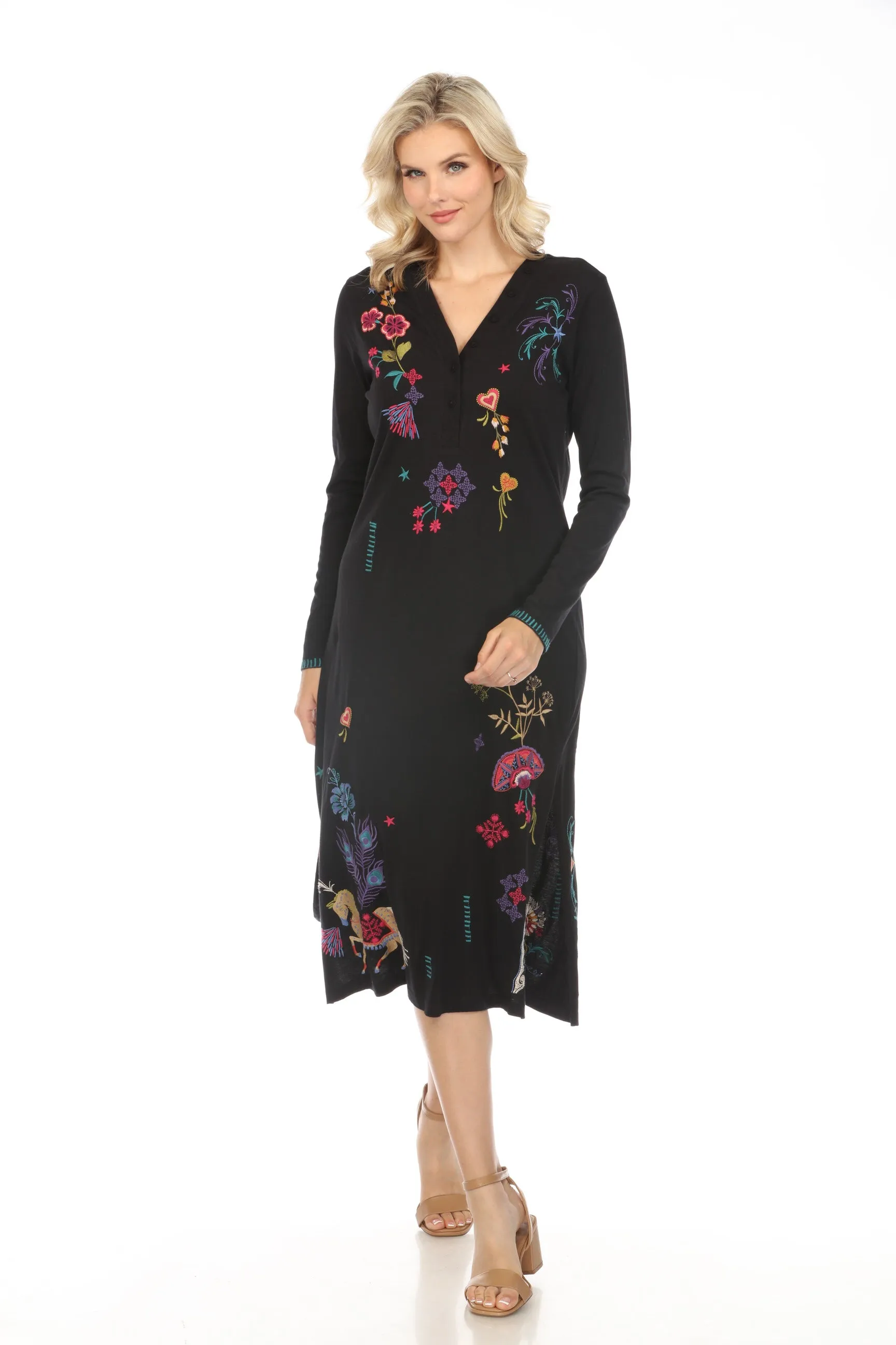 Johnny Was JWLA Embroidered V-Neck Long Sleeve Midi Dress J33624 Boho Chic *