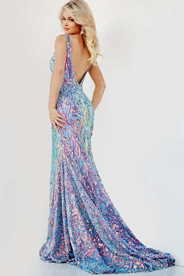 Jovani 08099 Long Fitted Open Back Iridescent Sequin Mermaid Prom Dress V Neck Formal Gown