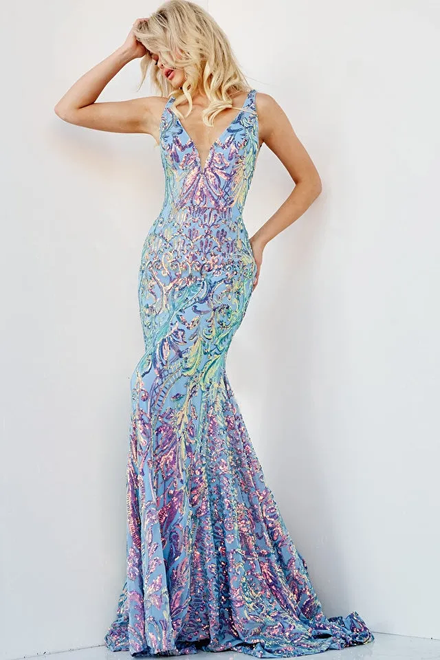 Jovani 08099 Long Fitted Open Back Iridescent Sequin Mermaid Prom Dress V Neck Formal Gown