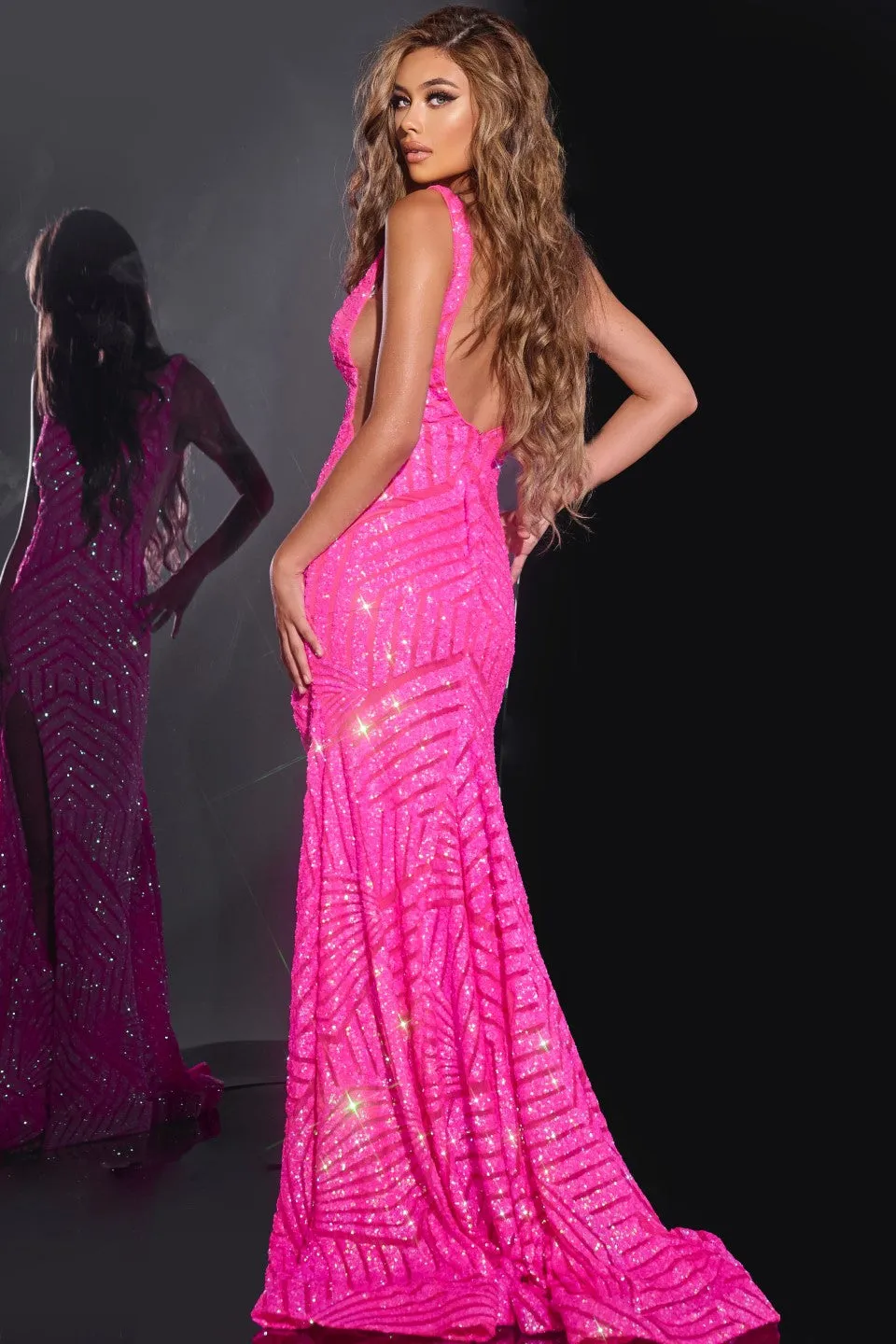 Jovani 38053 Long Sequin Mermaid Prom Dress V Neck Slit Pageant Gown Chevron Train