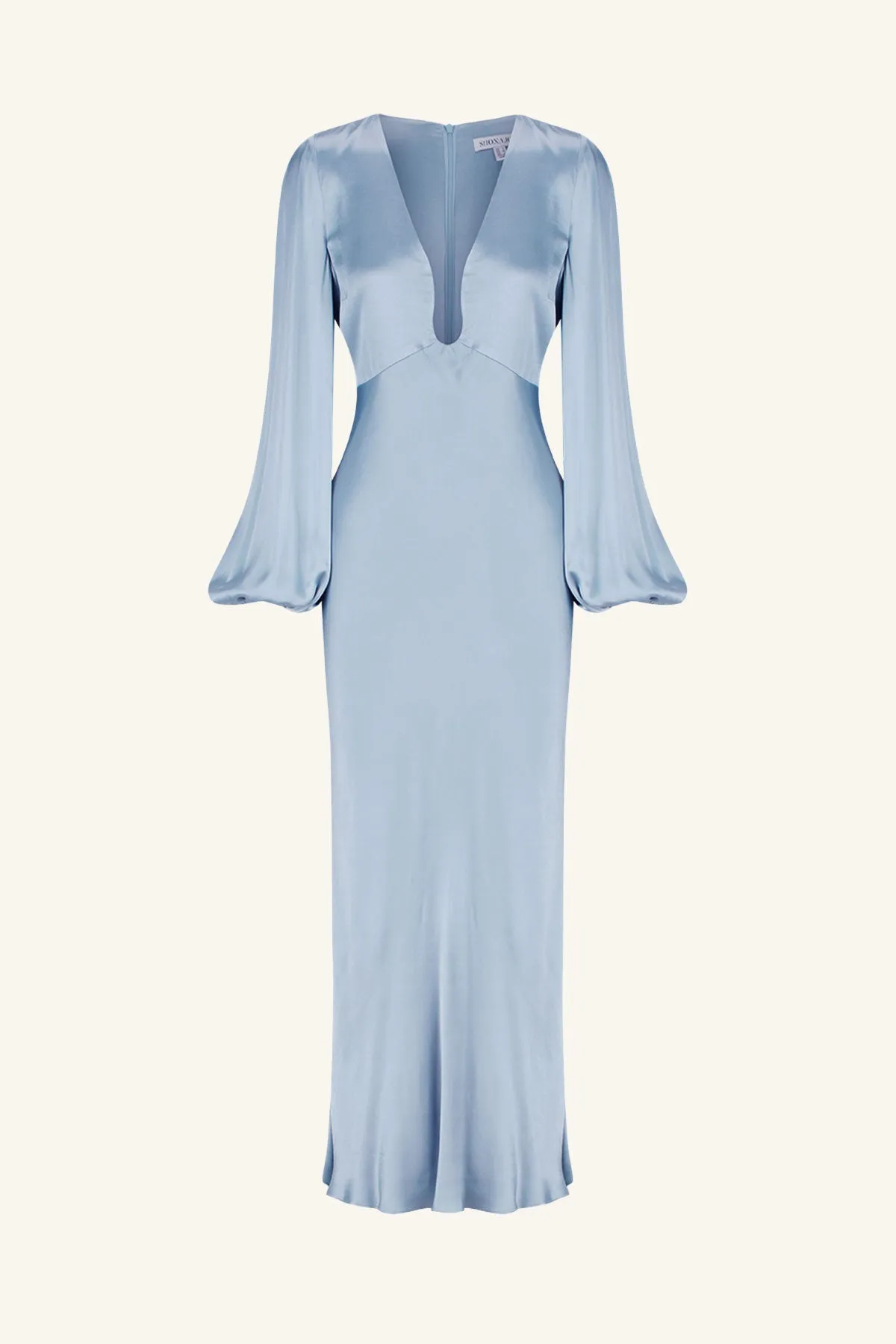 LA LUNE PLUNGED NECK BALLOON SLEEVE MIDI DRESS - POWDER BLUE