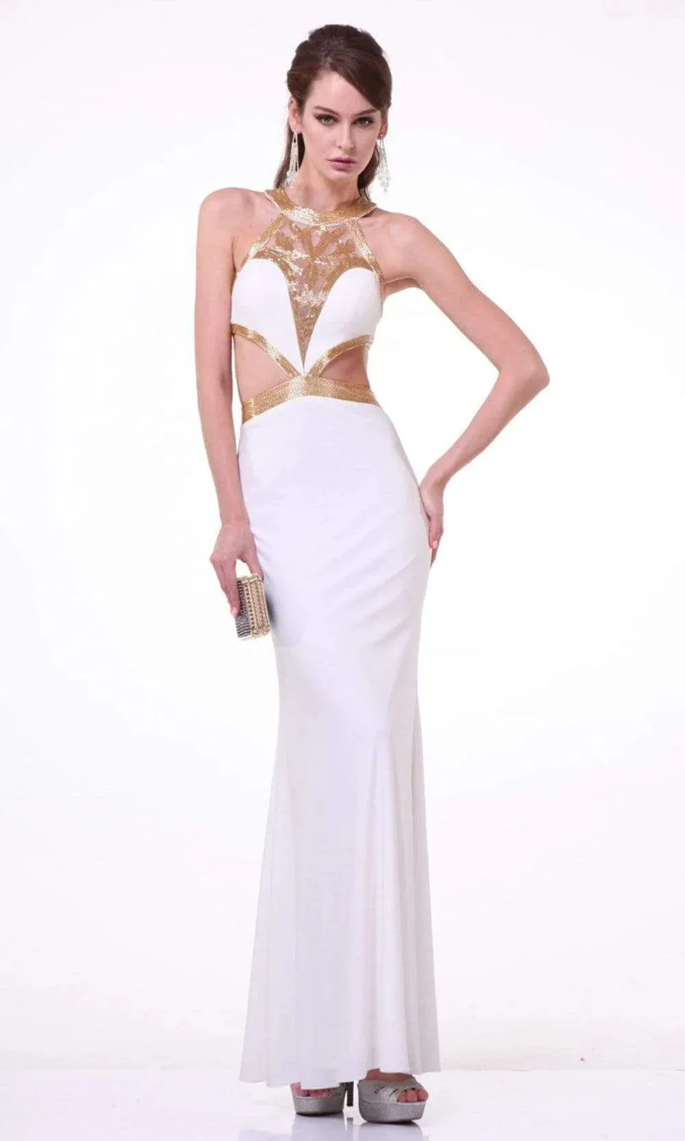 Ladivine J735 Size 4 White Liquid Beaded High Neck Jersey Formal Dress Cut Out Sides Evening Gown